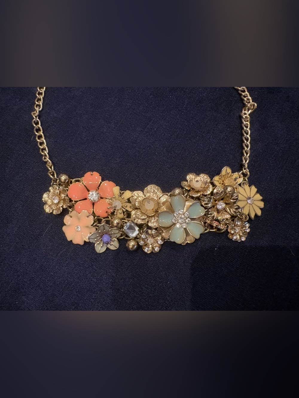 Floral Statement Necklace – Gold Tone Multi-Color Rhinestone & Enamel Flowers